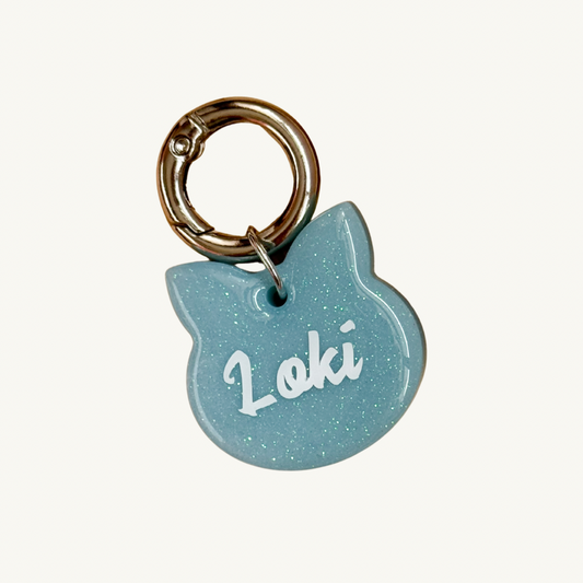 Blue Glitter Luxurious Pet Name Tag with customizable name and phone number