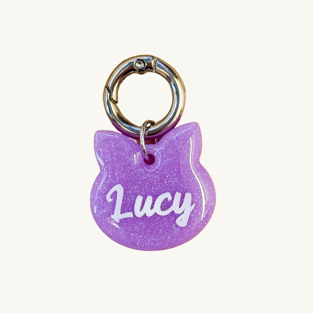 Purple Glitter Customized Pet Tag with name and phone number personalization
